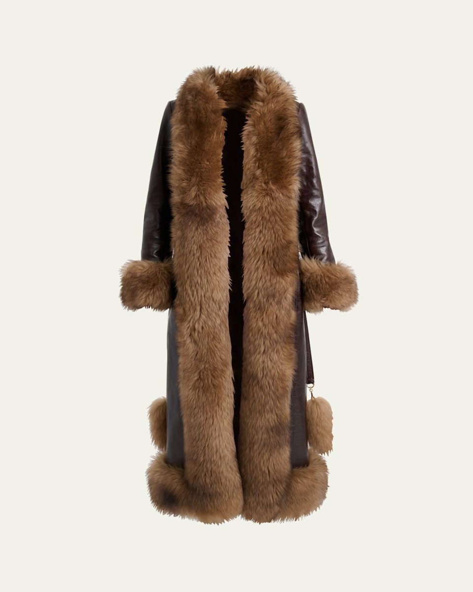 Lamb Shearling-Trim Shiny Leather Long Coat